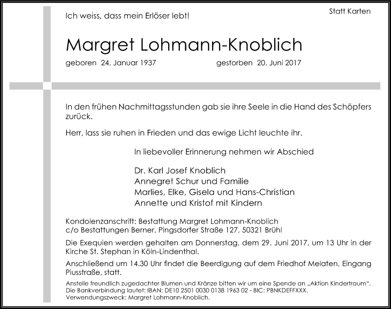  Traueranzeige für Margot Lohmann-Knoblich vom 26.06.2017 aus Kölner Stadt-Anzeiger / Kölnische Rundschau / Express