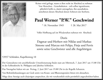 Anzeige von Paul Werner Geschwind von Kölner Stadt-Anzeiger / Kölnische Rundschau / Express