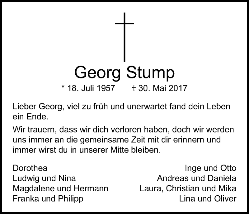  Traueranzeige für Georg Stump vom 03.06.2017 aus Kölner Stadt-Anzeiger / Kölnische Rundschau / Express