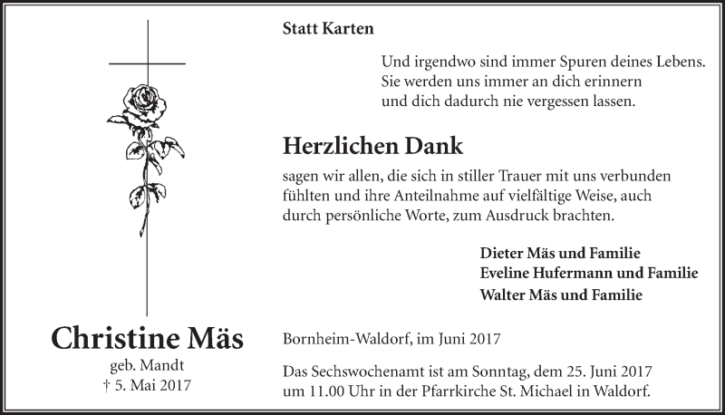  Traueranzeige für Christine Mäs vom 14.06.2017 aus  Schaufenster/Blickpunkt  Schlossbote/Werbekurier 
