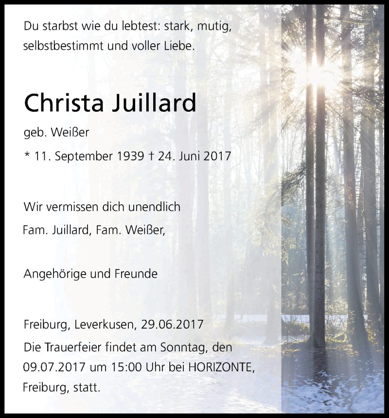  Traueranzeige für Christa Juillard vom 01.07.2017 aus Kölner Stadt-Anzeiger / Kölnische Rundschau / Express