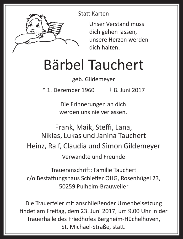  Traueranzeige für Bärbel Tauchert vom 21.06.2017 aus  Werbepost 