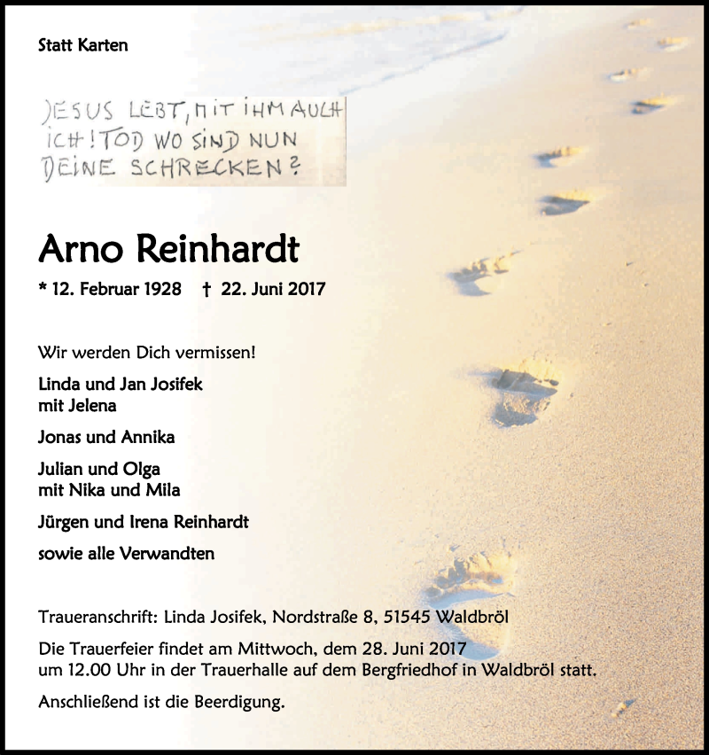  Traueranzeige für Arno Reinhardt vom 24.06.2017 aus Kölner Stadt-Anzeiger / Kölnische Rundschau / Express