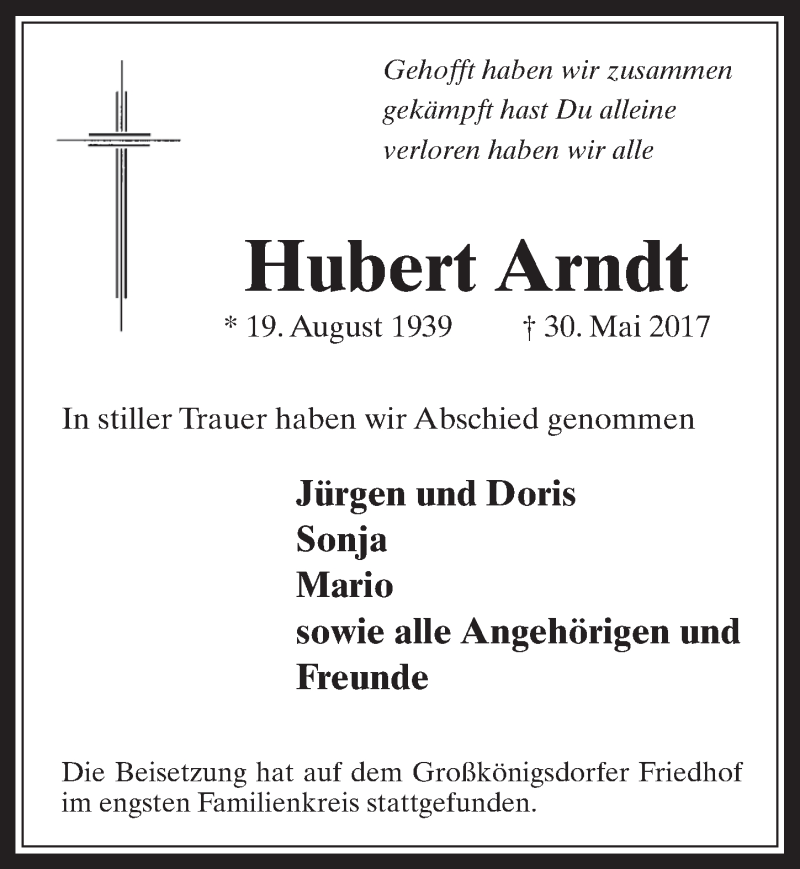  Traueranzeige für Hubert Arndt vom 14.06.2017 aus  Wochenende 
