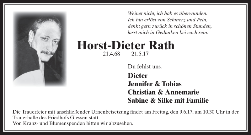  Traueranzeige für Horst-Dieter Rath vom 03.06.2017 aus  Sonntags-Post 