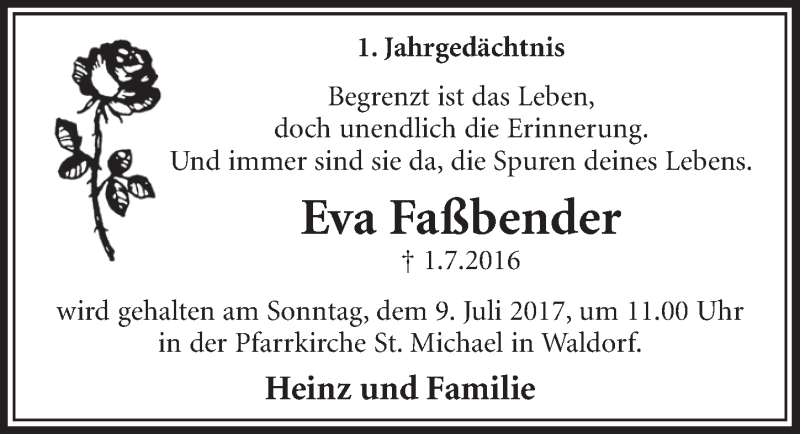  Traueranzeige für Eva Faßbender vom 28.06.2017 aus  Schlossbote/Werbekurier 
