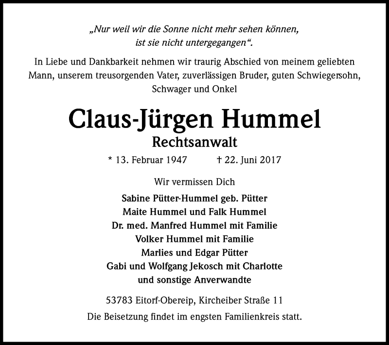  Traueranzeige für Claus-Jürgen Hummel vom 24.06.2017 aus Kölner Stadt-Anzeiger / Kölnische Rundschau / Express