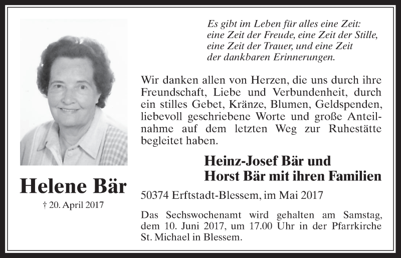  Traueranzeige für Helene Bär vom 07.06.2017 aus  Werbepost 
