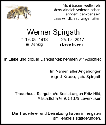 Anzeige von Werner Spirgath von Kölner Stadt-Anzeiger / Kölnische Rundschau / Express