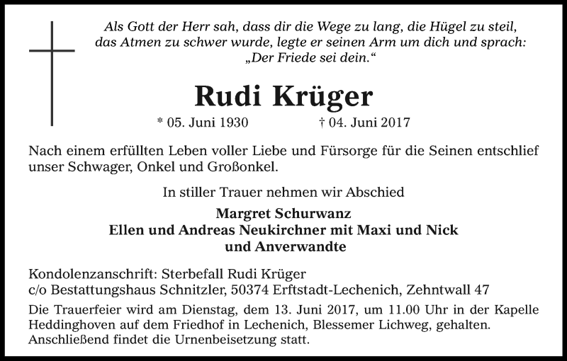  Traueranzeige für Rudi Krüger vom 10.06.2017 aus Kölner Stadt-Anzeiger / Kölnische Rundschau / Express