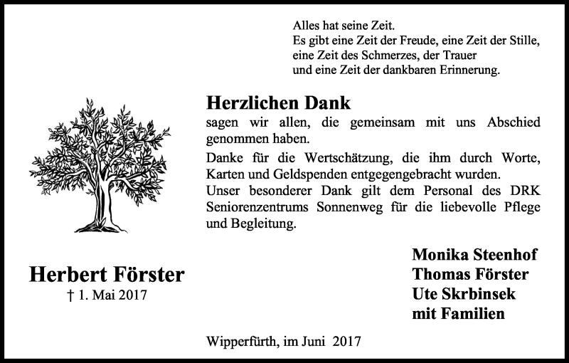  Traueranzeige für Herbert Förster vom 17.06.2017 aus Kölner Stadt-Anzeiger / Kölnische Rundschau / Express