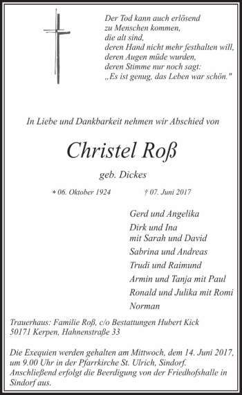 Anzeige von Christel Roß von  Sonntags-Post 