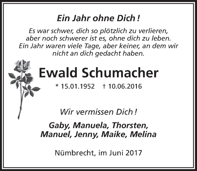  Traueranzeige für Ewald Schumacher vom 07.06.2017 aus  Lokalanzeiger 