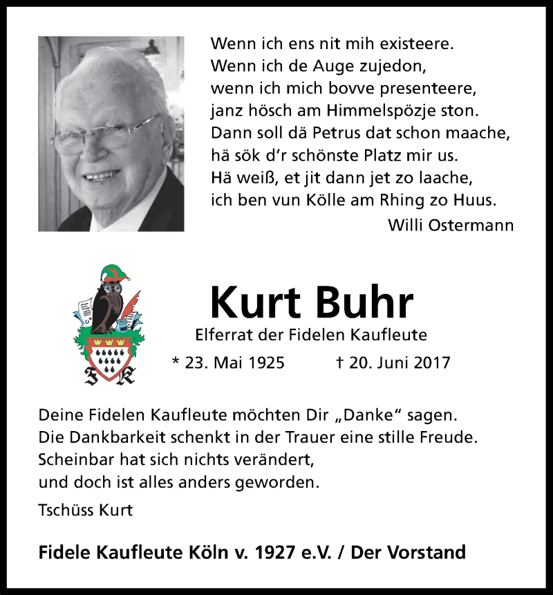  Traueranzeige für Kurt Buhr vom 01.07.2017 aus Kölner Stadt-Anzeiger / Kölnische Rundschau / Express