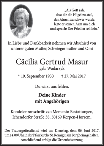 Anzeige von Cäcilia Gertrud Masur von  Sonntags-Post 