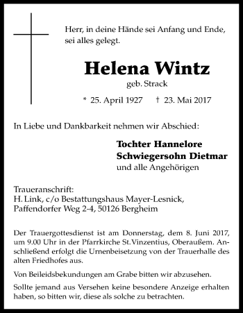 Anzeige von Helena Wintz von Kölner Stadt-Anzeiger / Kölnische Rundschau / Express