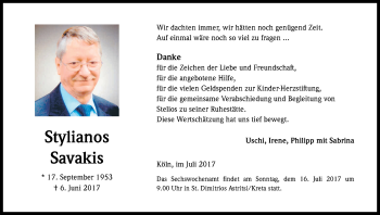 Anzeige von Stylianos Savakis von Kölner Stadt-Anzeiger / Kölnische Rundschau / Express