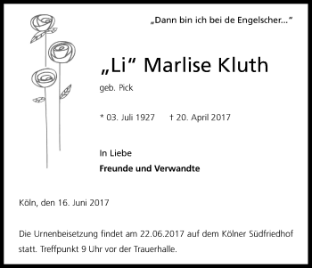 Anzeige von Marlise Kluth von Kölner Stadt-Anzeiger / Kölnische Rundschau / Express