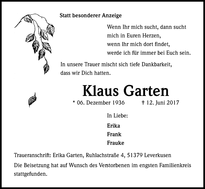  Traueranzeige für Klaus Garten vom 28.06.2017 aus Kölner Stadt-Anzeiger / Kölnische Rundschau / Express