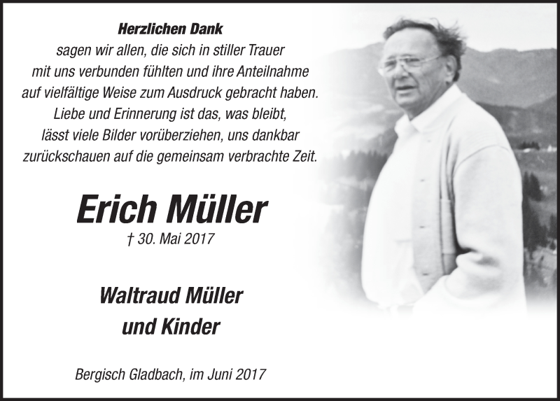  Traueranzeige für Erich Müller vom 14.06.2017 aus  Bergisches Handelsblatt 