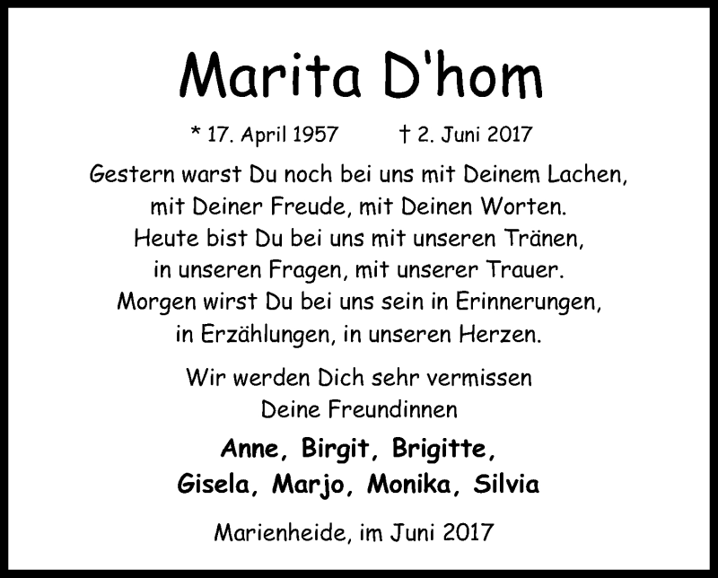  Traueranzeige für Marita D´hom vom 22.06.2017 aus Kölner Stadt-Anzeiger / Kölnische Rundschau / Express