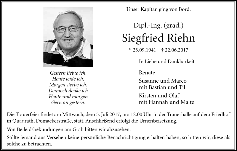  Traueranzeige für Siegfried Riehn vom 01.07.2017 aus Kölner Stadt-Anzeiger / Kölnische Rundschau / Express