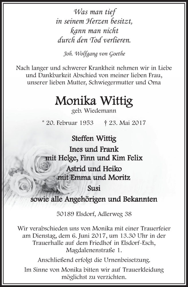  Traueranzeige für Monika Wittig vom 03.06.2017 aus  Sonntags-Post 