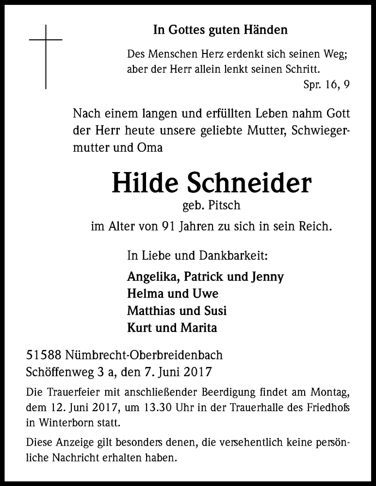  Traueranzeige für Hilde Schneider vom 09.06.2017 aus Kölner Stadt-Anzeiger / Kölnische Rundschau / Express