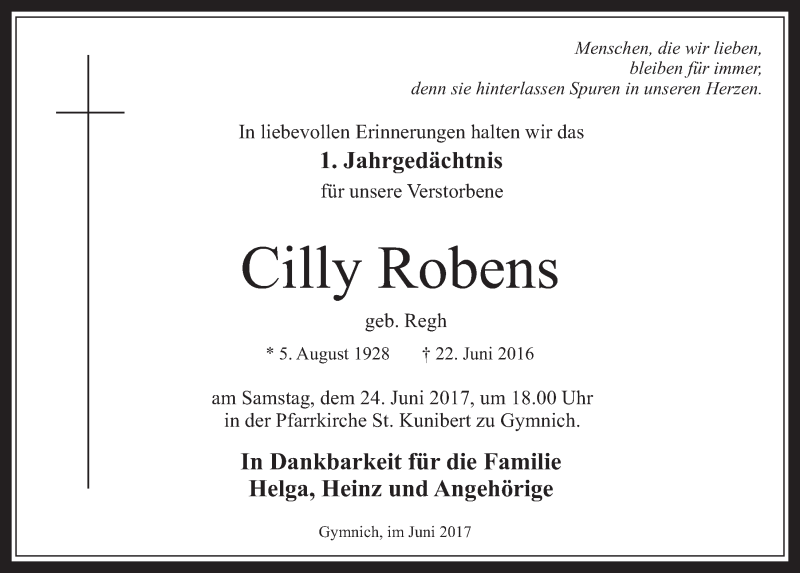  Traueranzeige für Cilly Robens vom 21.06.2017 aus  Werbepost 