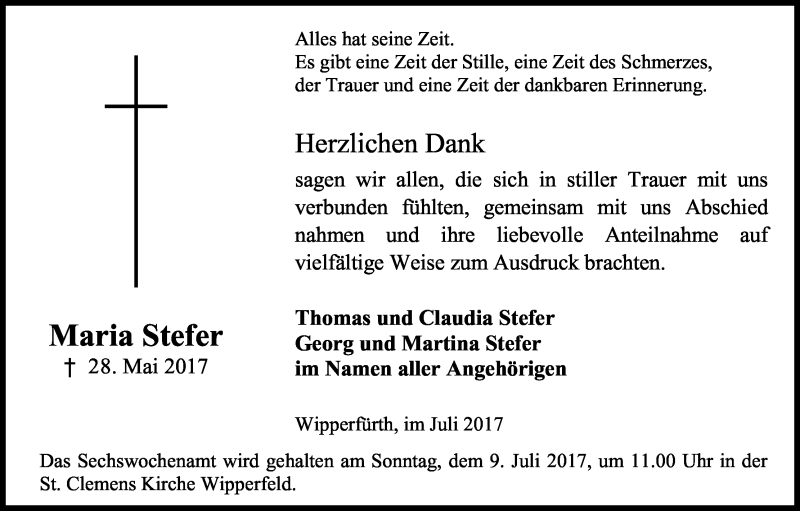  Traueranzeige für Maria Stefer vom 01.07.2017 aus Kölner Stadt-Anzeiger / Kölnische Rundschau / Express