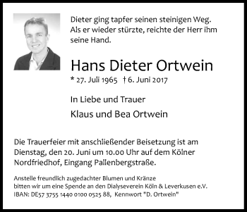 Anzeige von Hans Dieter Ortwein von Kölner Stadt-Anzeiger / Kölnische Rundschau / Express