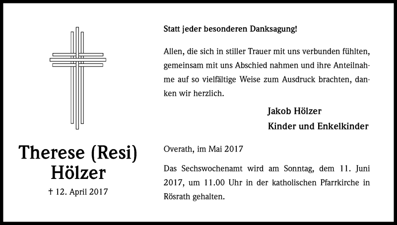  Traueranzeige für Therese Hölzer vom 03.06.2017 aus Kölner Stadt-Anzeiger / Kölnische Rundschau / Express