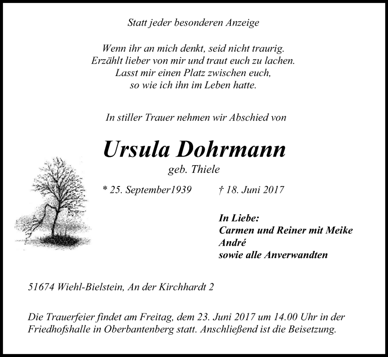  Traueranzeige für Ursula Dohrmann vom 20.06.2017 aus Kölner Stadt-Anzeiger / Kölnische Rundschau / Express