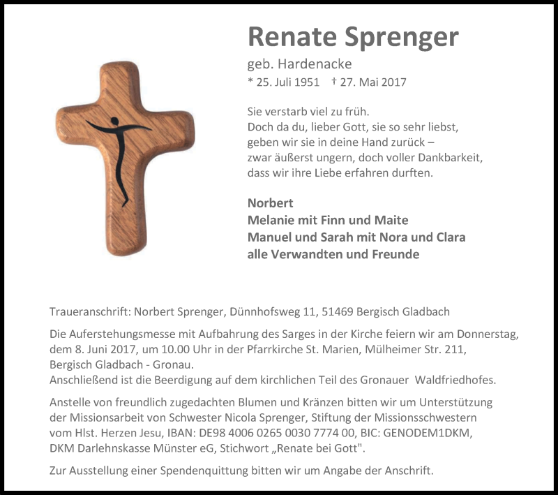  Traueranzeige für Renate Sprenger vom 03.06.2017 aus Kölner Stadt-Anzeiger / Kölnische Rundschau / Express