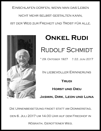 Anzeige von Rudolf Schmidt von Kölner Stadt-Anzeiger / Kölnische Rundschau / Express