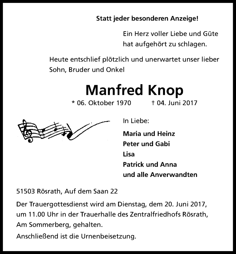  Traueranzeige für Manfred Knop vom 14.06.2017 aus Kölner Stadt-Anzeiger / Kölnische Rundschau / Express