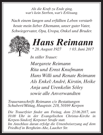 Anzeige von Hans Reimann von  Werbepost 