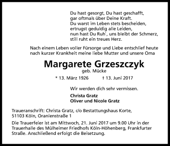 Anzeige von Margarete Grzeszczyk von Kölner Stadt-Anzeiger / Kölnische Rundschau / Express