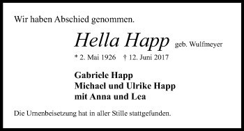 Anzeige von Hella Happ von Kölner Stadt-Anzeiger / Kölnische Rundschau / Express