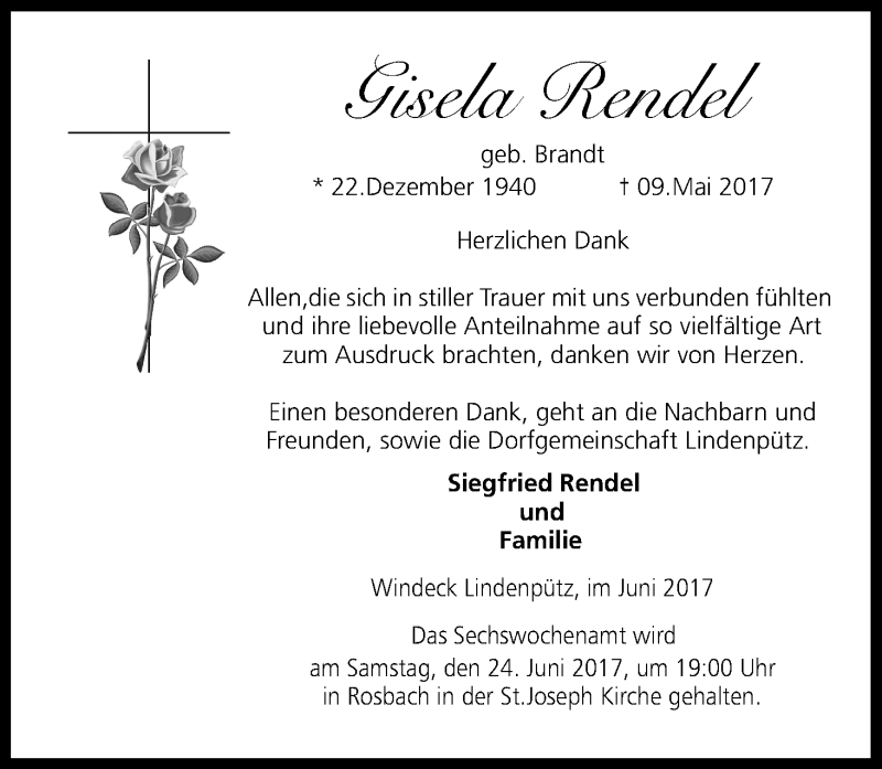  Traueranzeige für Gisela Rendel vom 02.06.2017 aus Kölner Stadt-Anzeiger / Kölnische Rundschau / Express