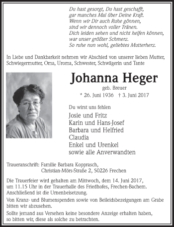 Anzeige von Johanna Heger von  Sonntags-Post 