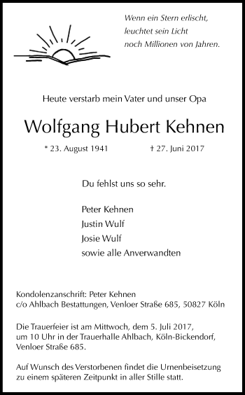 Anzeige von Wolfgang Hubert Kehnen von Kölner Stadt-Anzeiger / Kölnische Rundschau / Express