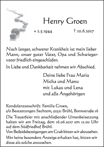 Anzeige von Henryd Groen von  Schlossbote/Werbekurier 