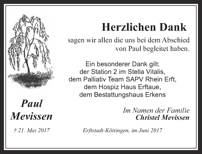  Traueranzeige für Paul Mevissen vom 14.06.2017 aus  Werbepost 