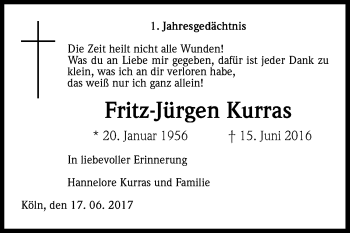 Anzeige von Fritz-Jürgen Kurras von Kölner Stadt-Anzeiger / Kölnische Rundschau / Express