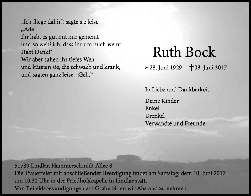  Traueranzeige für Ruth Bock vom 07.06.2017 aus Kölner Stadt-Anzeiger / Kölnische Rundschau / Express
