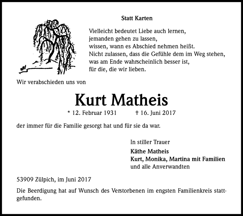 Traueranzeige für Kurt Matheis vom 24.06.2017 aus Kölner Stadt-Anzeiger / Kölnische Rundschau / Express