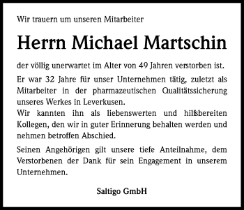 Anzeige von Michael Martschin von Kölner Stadt-Anzeiger / Kölnische Rundschau / Express