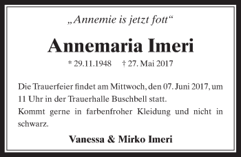 Anzeige von Annemaria Imeri von  Sonntags-Post 