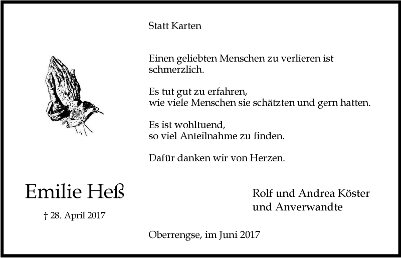  Traueranzeige für Emilie Heß vom 14.06.2017 aus  Anzeigen Echo 